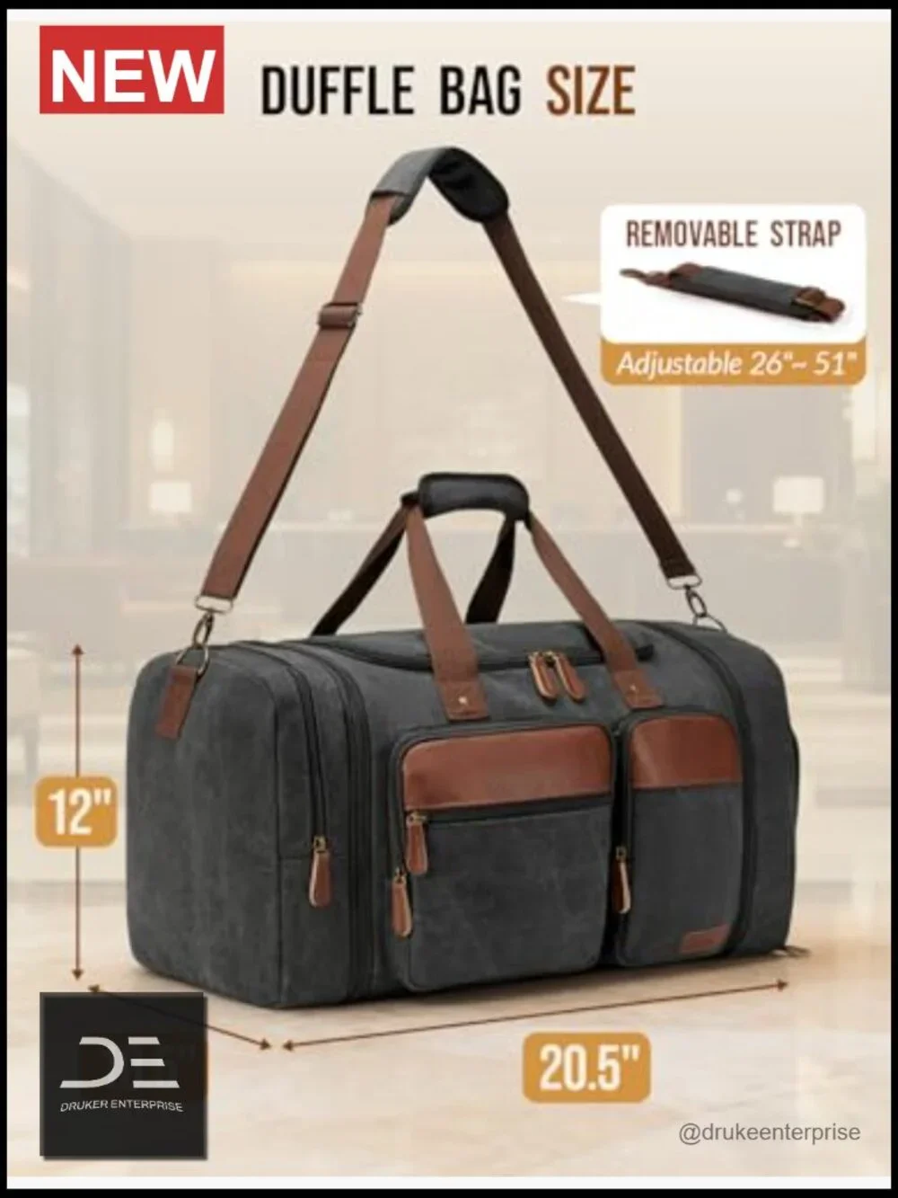 Canvas Duffle Bag for Travel 50L Expandable with Shoes Compartment